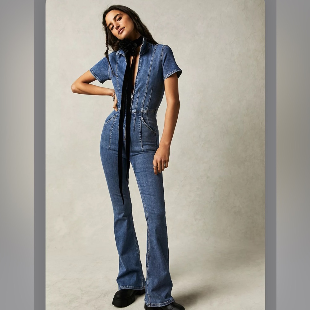 Free People We The Free Jayde Flare Denim Jumpsuit Size Large